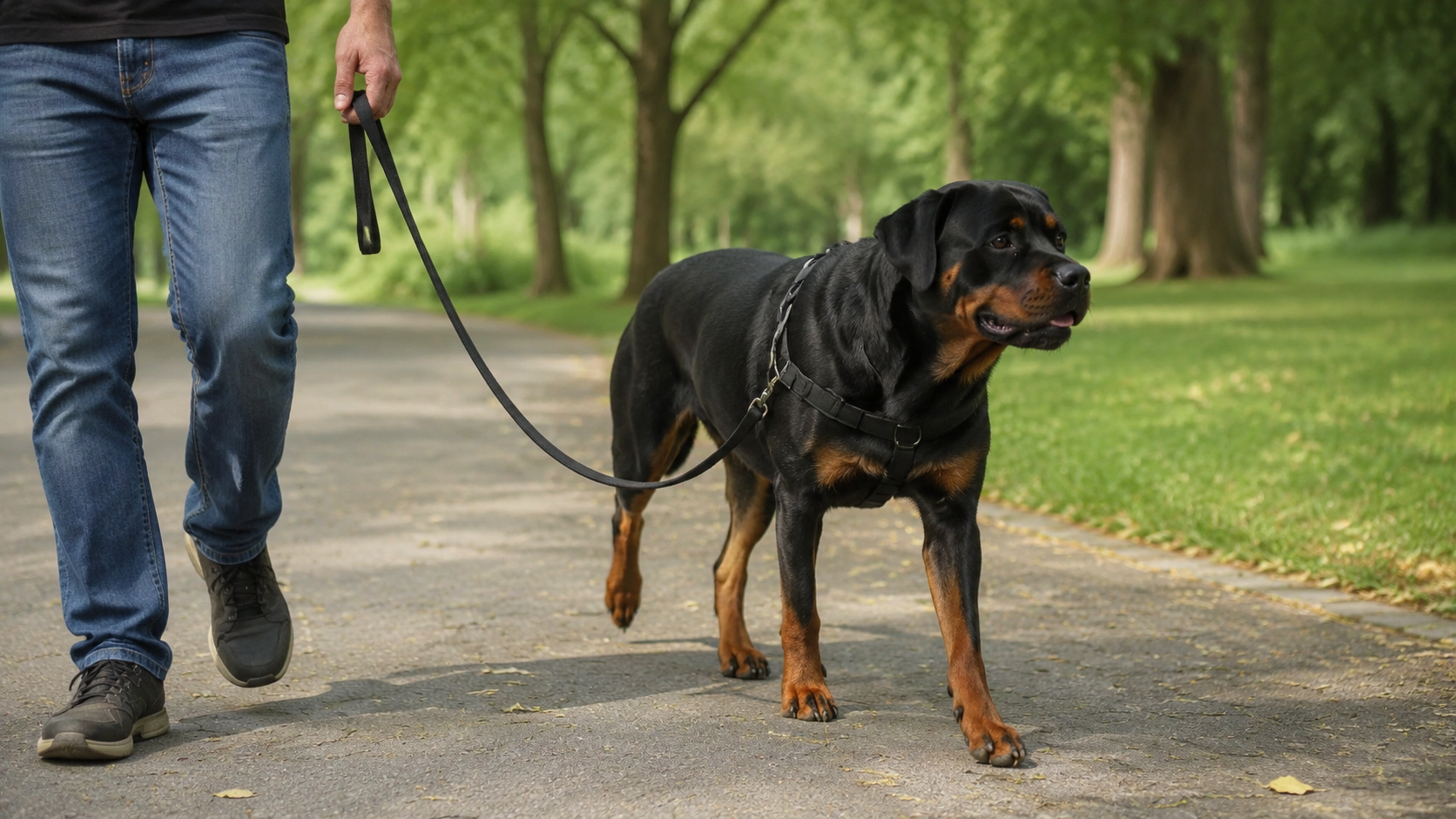 Rottweiler walking on a loose leash beside its owner on a park path