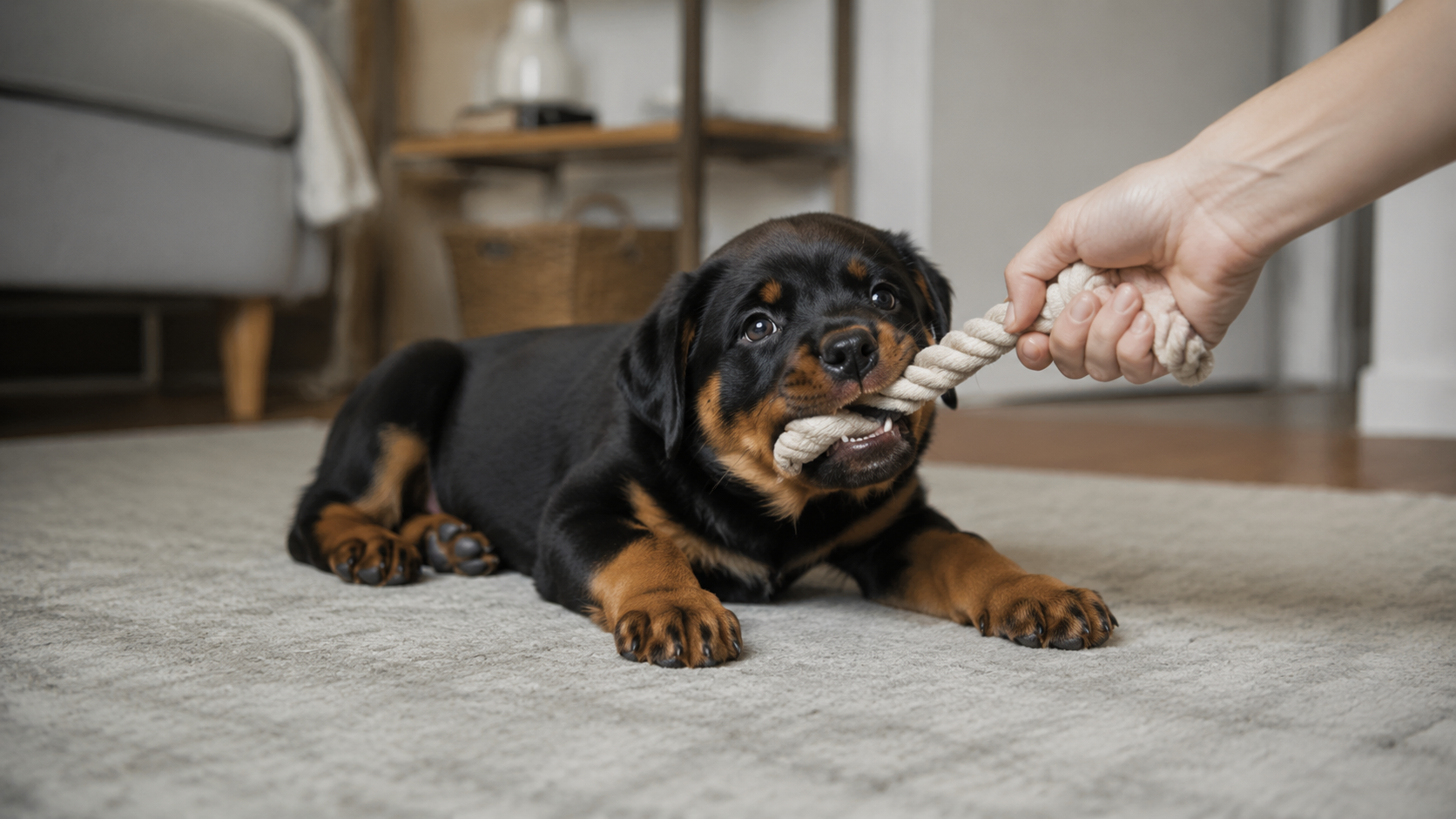 Rottweiler puppy playing tug with a rope toy held by its owner