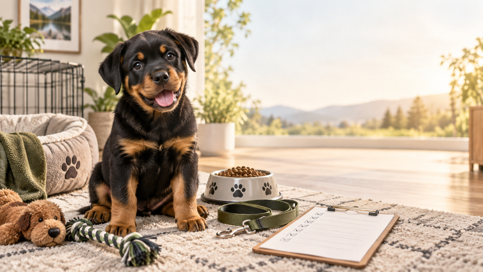 A happy black and tan Rottweiler puppy sits on a white shag rug in a sunlit room, surrounded by new pet supplies like a bed, toys, a bowl of food, a green leash, and a checklist on a clipboard