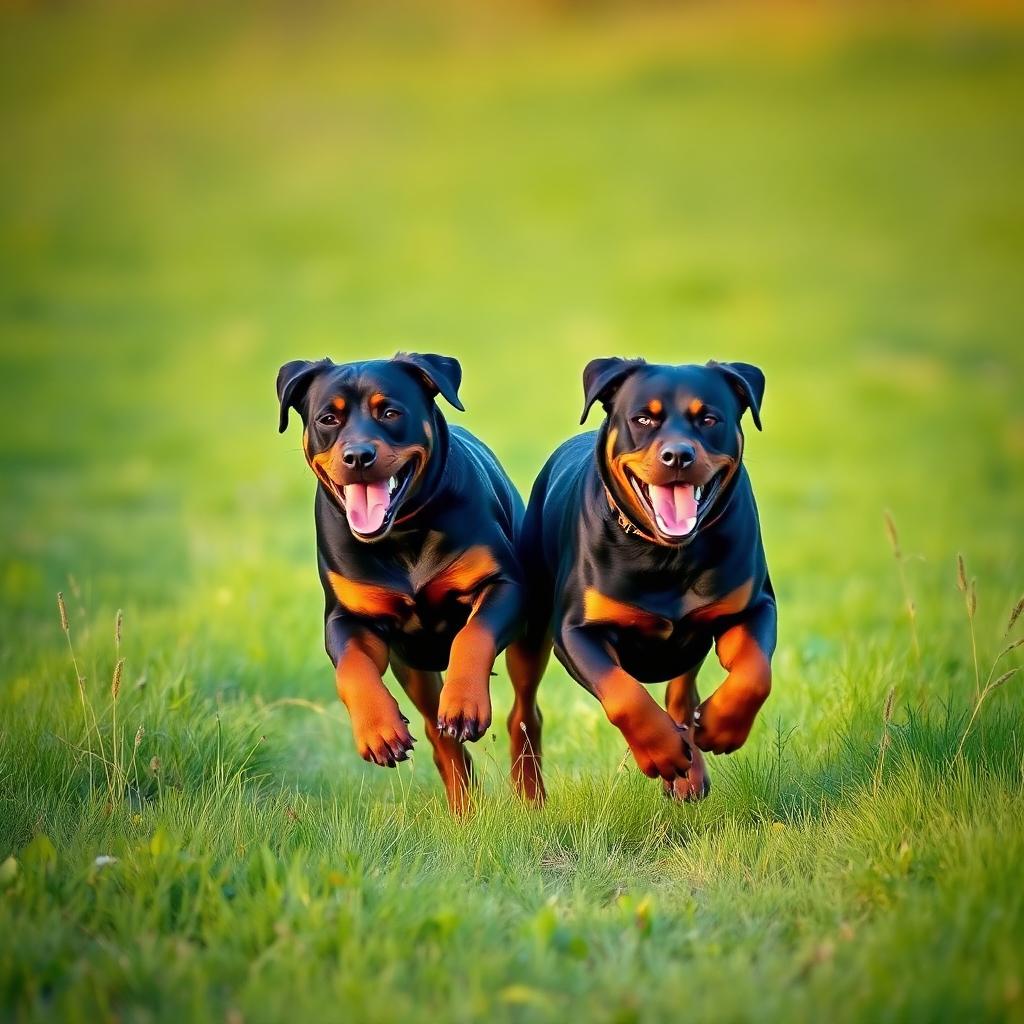 Two Rottweilers running together through a meadow