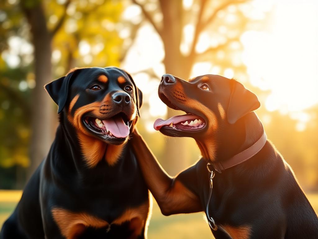 Adult Rottweiler focused in an obedience training session with its handler
