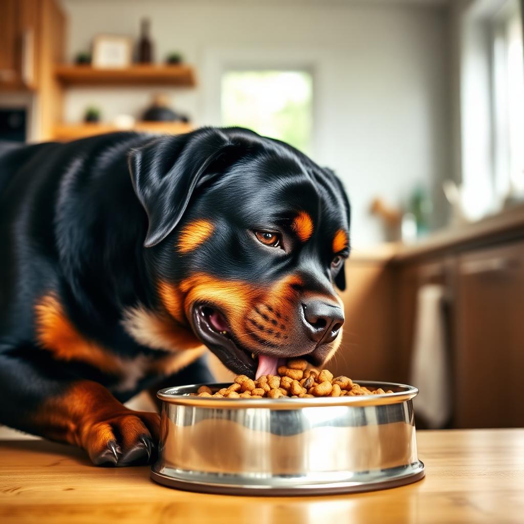 Healthy bowl of large-breed Rottweiler dog food with fresh ingredients